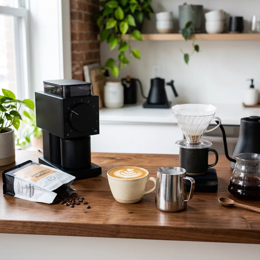 สัมผัสรสชาติกาแฟสเปเชียลตี้ที่บ้าน: รวม 4 อุปกรณ์ Home Barista เครื่องบดกาแฟไฟฟ้า เหยือกสตีมนม เมล็ดกาแฟคั่ว Single Origin และกระดาษกรอง V60